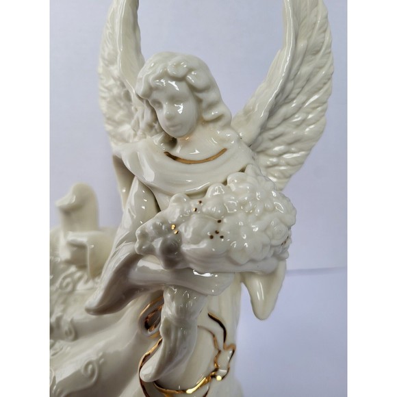 Palm Tree White Angel Cherub Figurine With Flower Gold Accent Porcelain Ceramic - Picture 2 of 7